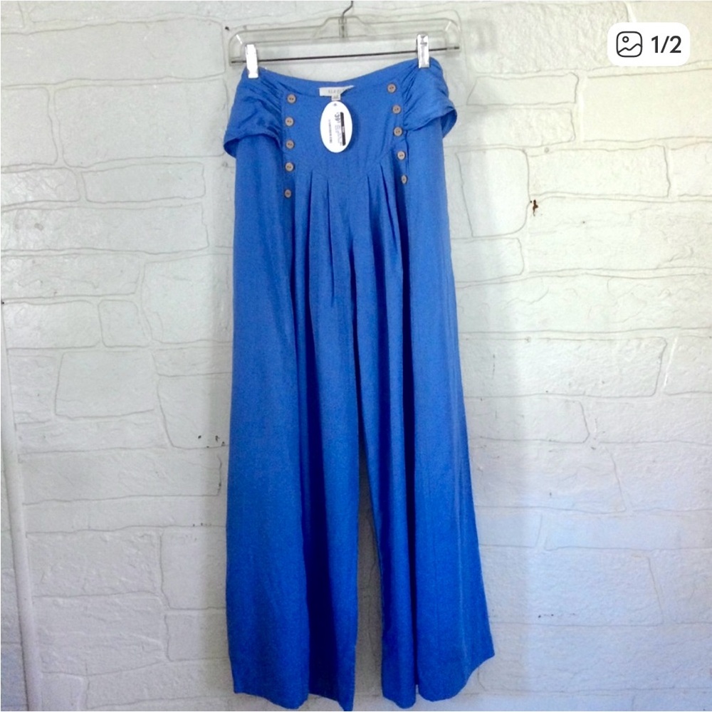 Blue Wide Leg Pants Womens Medium High Rise Flowy Resort Vacation Pants NWT